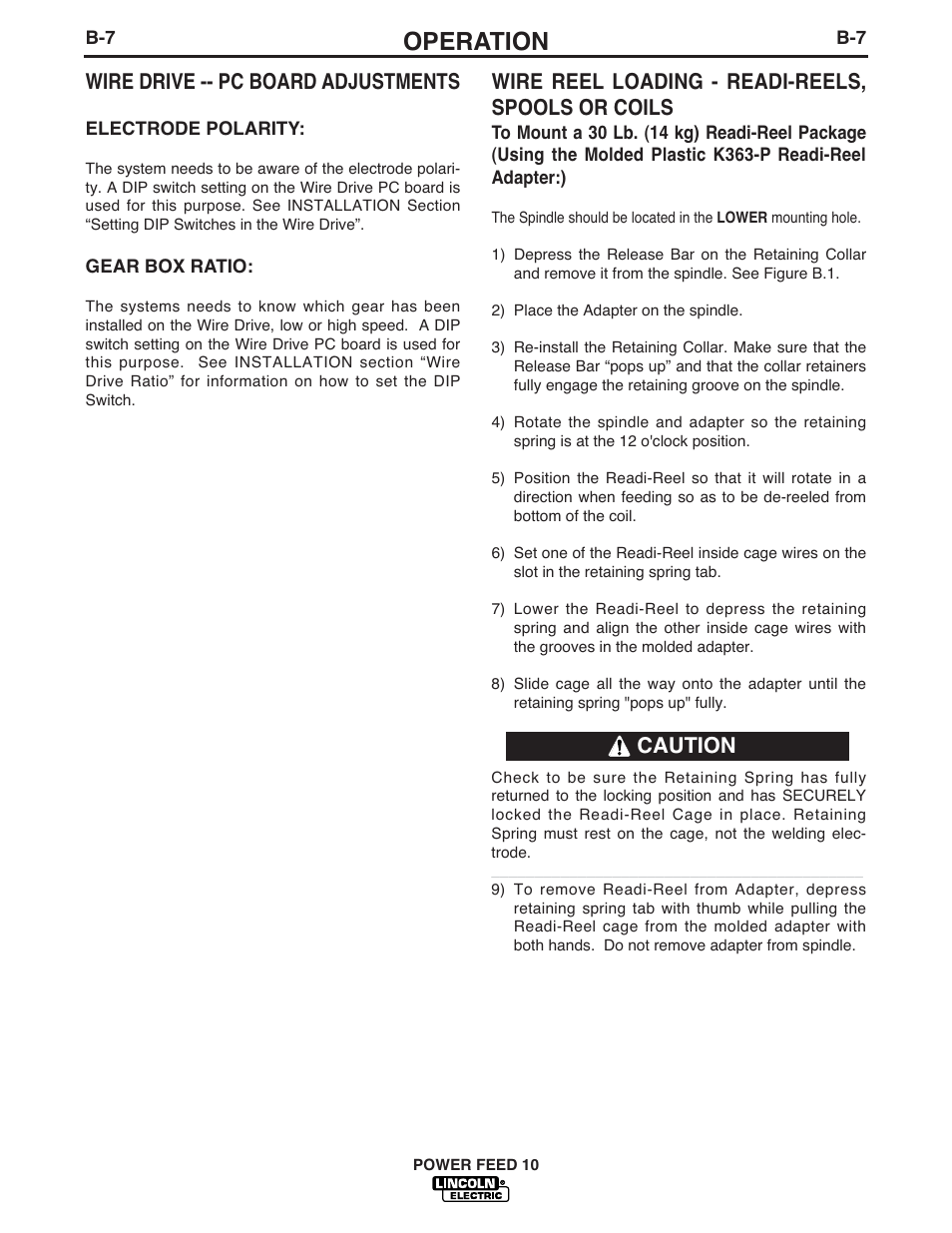 Operation, Wire drive -- pc board adjustments, Wire reel loading - readi-reels, spools or coils | Caution | Lincoln Electric IM584 Power Feed 10 Wire Drive & Control Box User Manual | Page 29 / 68