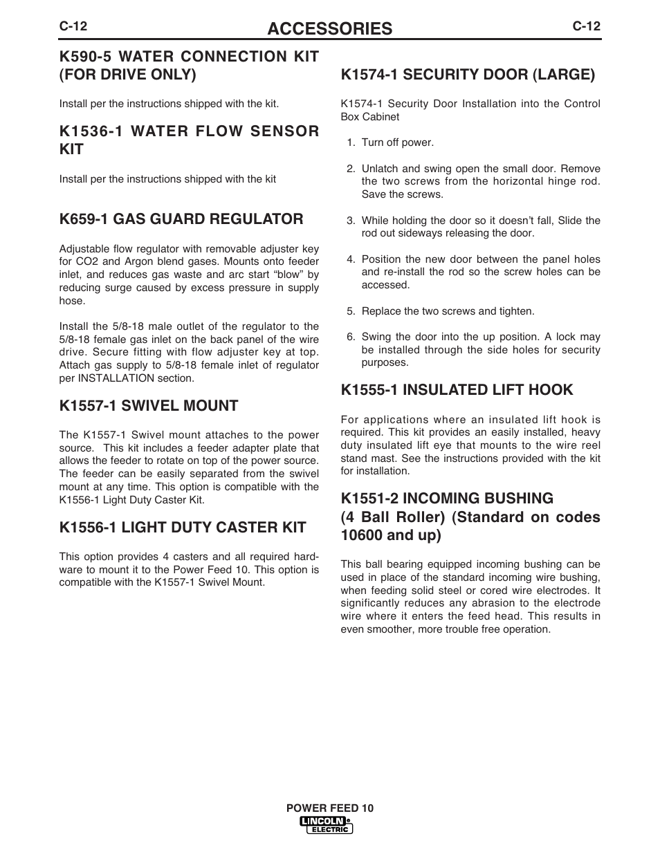 Accessories, K590-5 water connection kit (for drive only), K659-1 gas guard regulator | Lincoln Electric IM584 Power Feed 10 Wire Drive & Control Box User Manual | Page 46 / 68