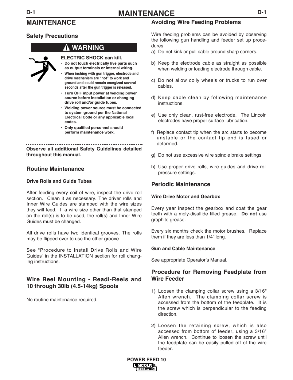 Maintenance, Warning | Lincoln Electric IM584 Power Feed 10 Wire Drive & Control Box User Manual | Page 47 / 68