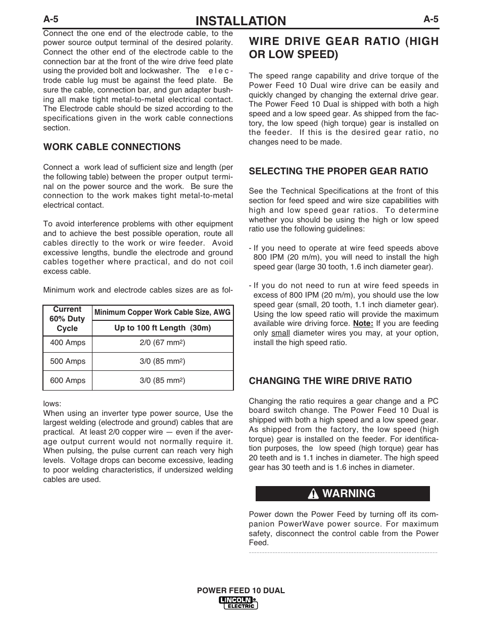 Installation, Wire drive gear ratio (high or low speed), Warning | Lincoln Electric IM658 Power Feed 10 DualWire Drives & Control Boxes User Manual | Page 13 / 66