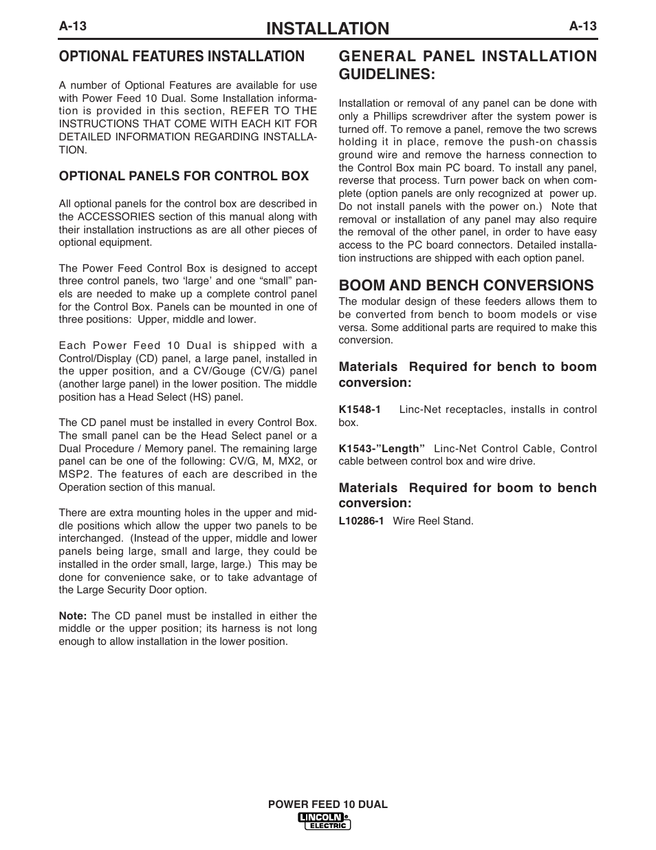 Installation, Optional features installation, General panel installation guidelines | Boom and bench conversions | Lincoln Electric IM658 Power Feed 10 DualWire Drives & Control Boxes User Manual | Page 21 / 66