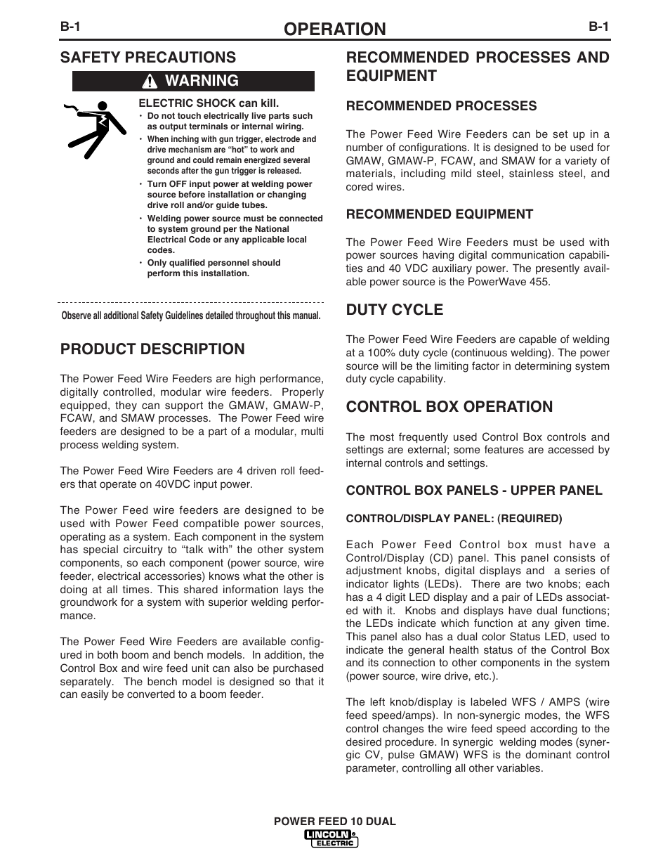 Operation, Safety precautions product description, Warning recommended processes and equipment | Duty cycle, Control box operation | Lincoln Electric IM658 Power Feed 10 DualWire Drives & Control Boxes User Manual | Page 22 / 66