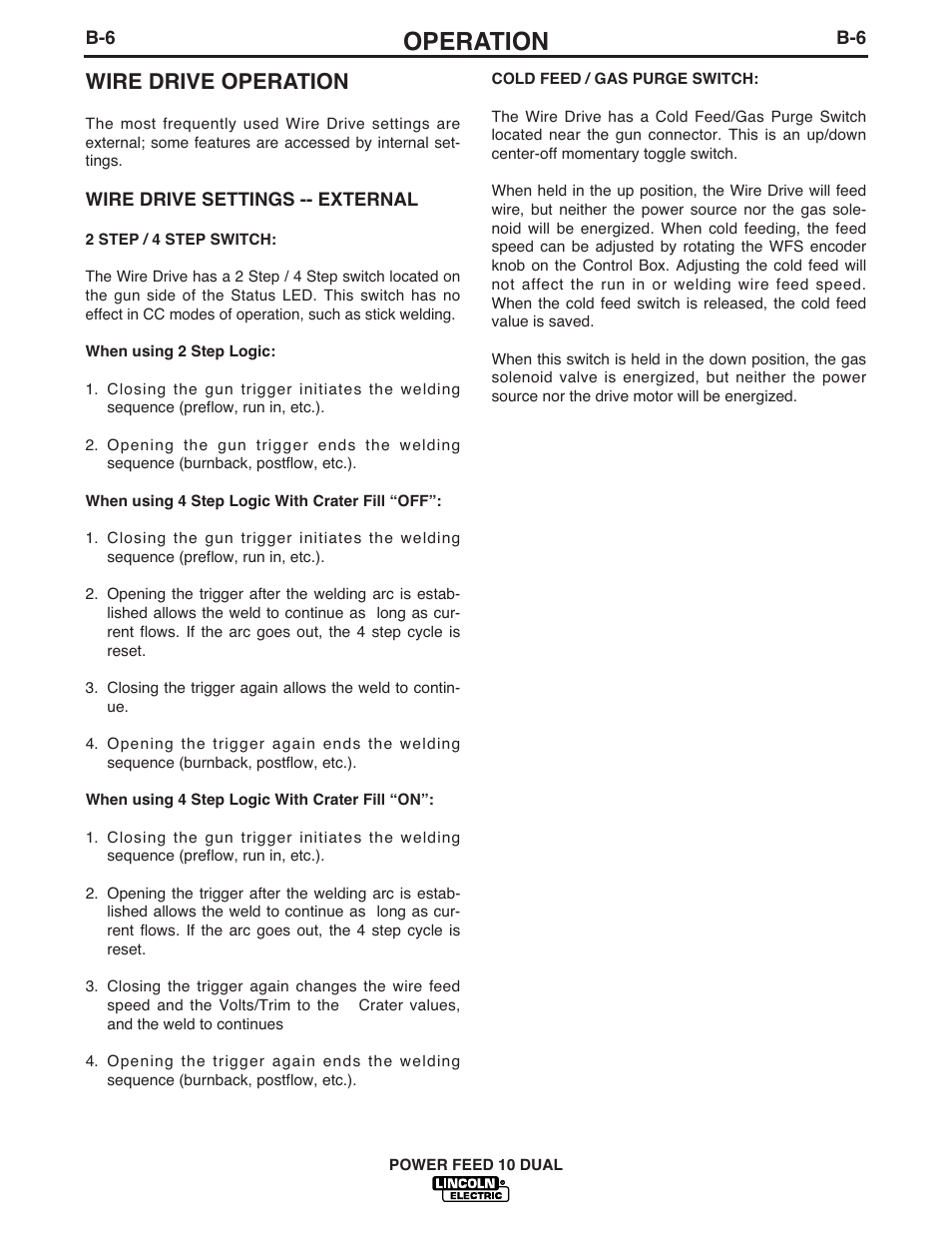 Operation, Wire drive operation | Lincoln Electric IM658 Power Feed 10 DualWire Drives & Control Boxes User Manual | Page 27 / 66