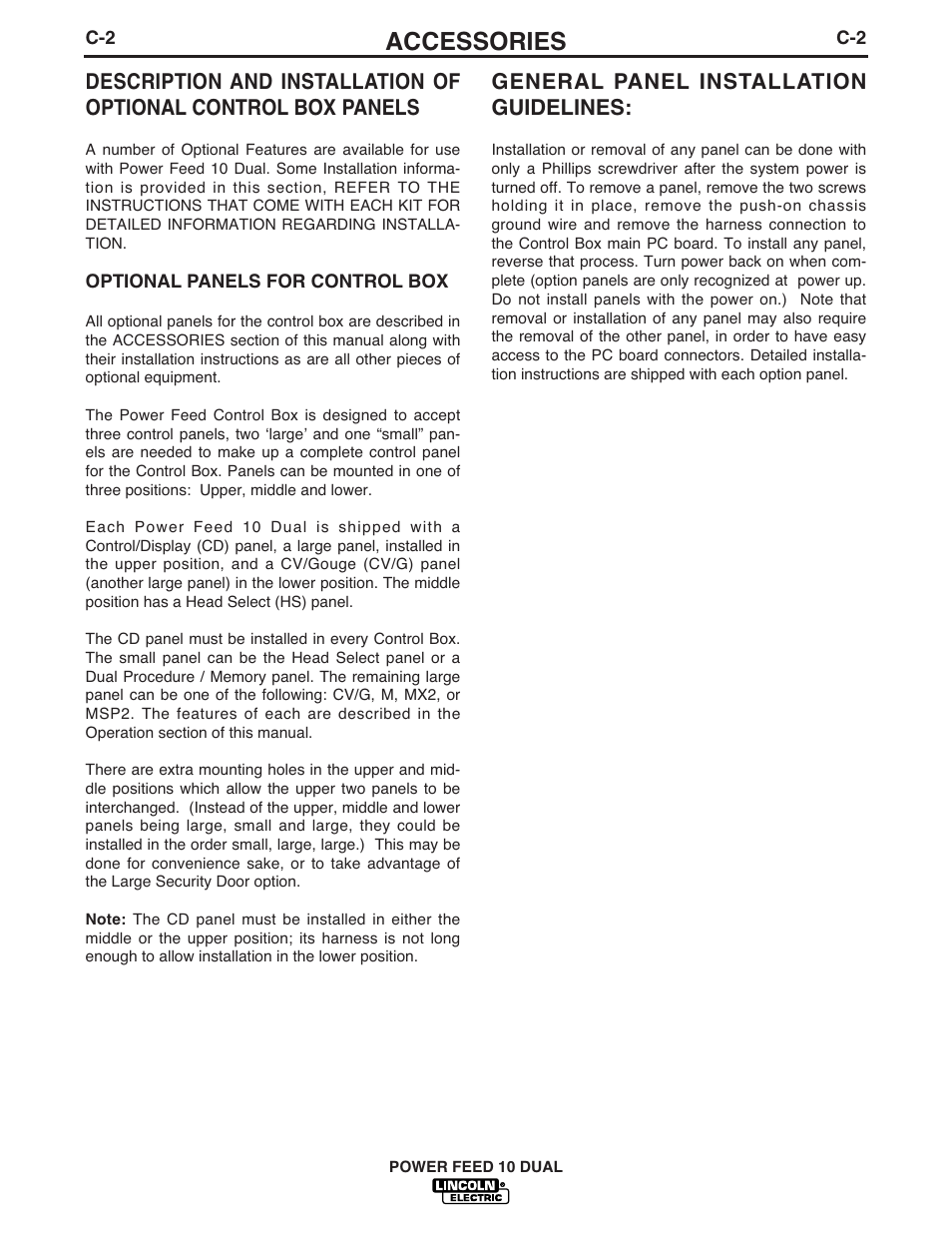 Accessories, General panel installation guidelines | Lincoln Electric IM658 Power Feed 10 DualWire Drives & Control Boxes User Manual | Page 35 / 66