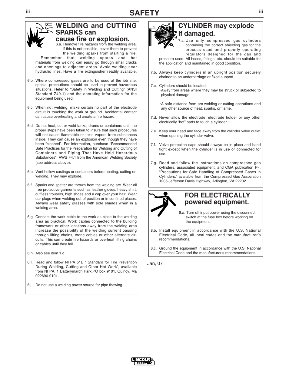 Safety, For electrically powered equipment, Cylinder may explode if damaged | Lincoln Electric IM658 Power Feed 10 DualWire Drives & Control Boxes User Manual | Page 4 / 66