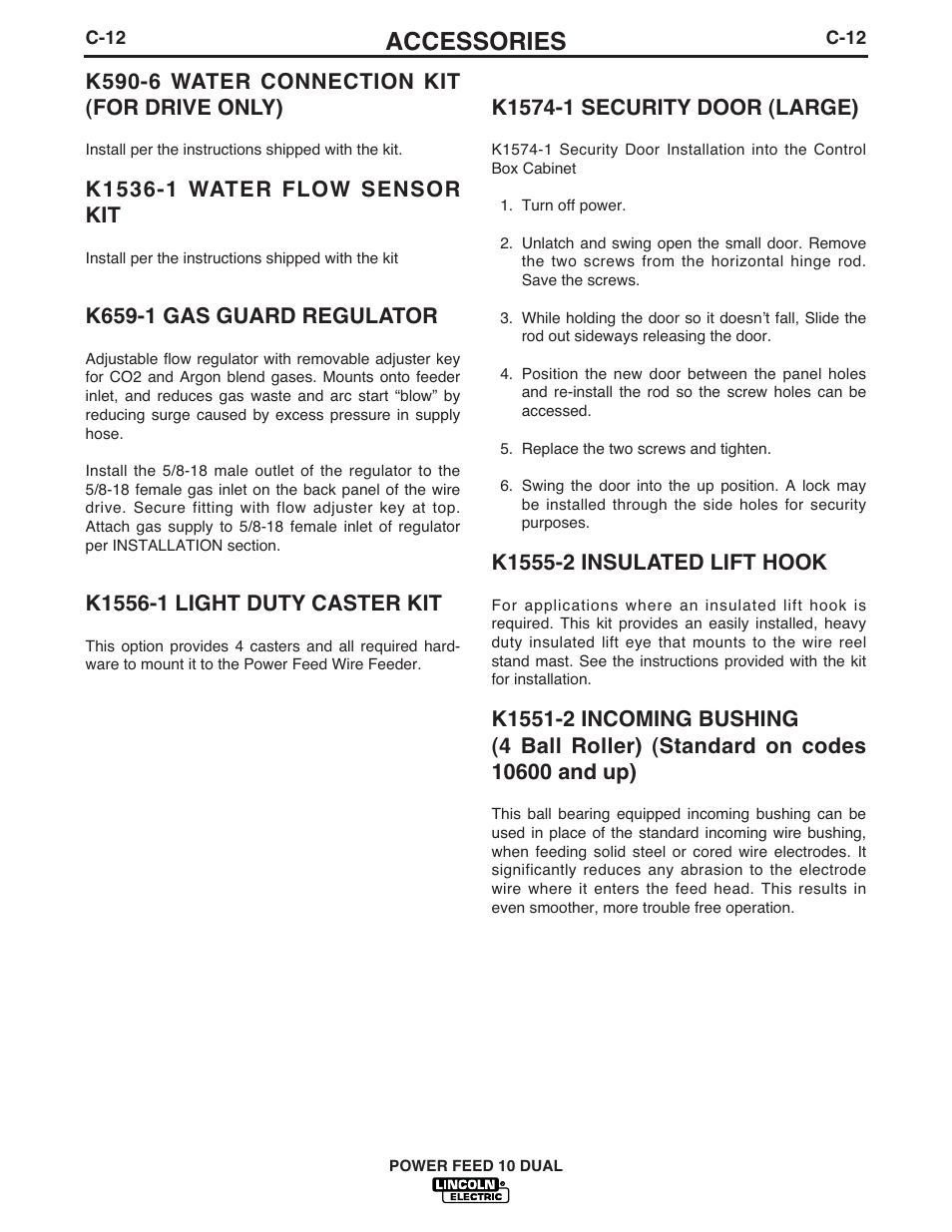 Accessories, K590-6 water connection kit (for drive only), K659-1 gas guard regulator | Lincoln Electric IM658 Power Feed 10 DualWire Drives & Control Boxes User Manual | Page 45 / 66