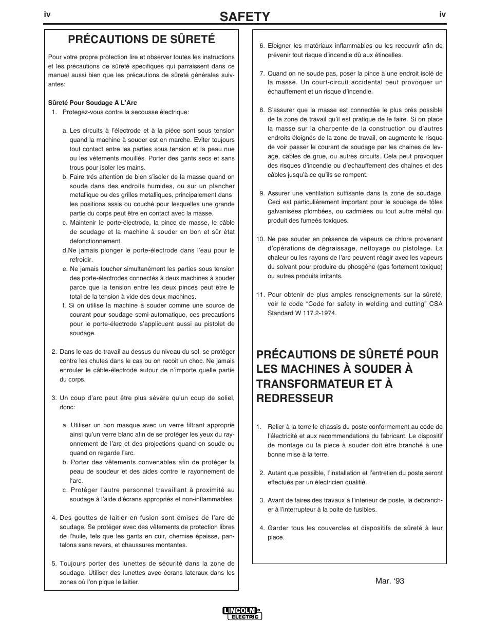 Safety, Précautions de sûreté | Lincoln Electric IM658 Power Feed 10 DualWire Drives & Control Boxes User Manual | Page 5 / 66