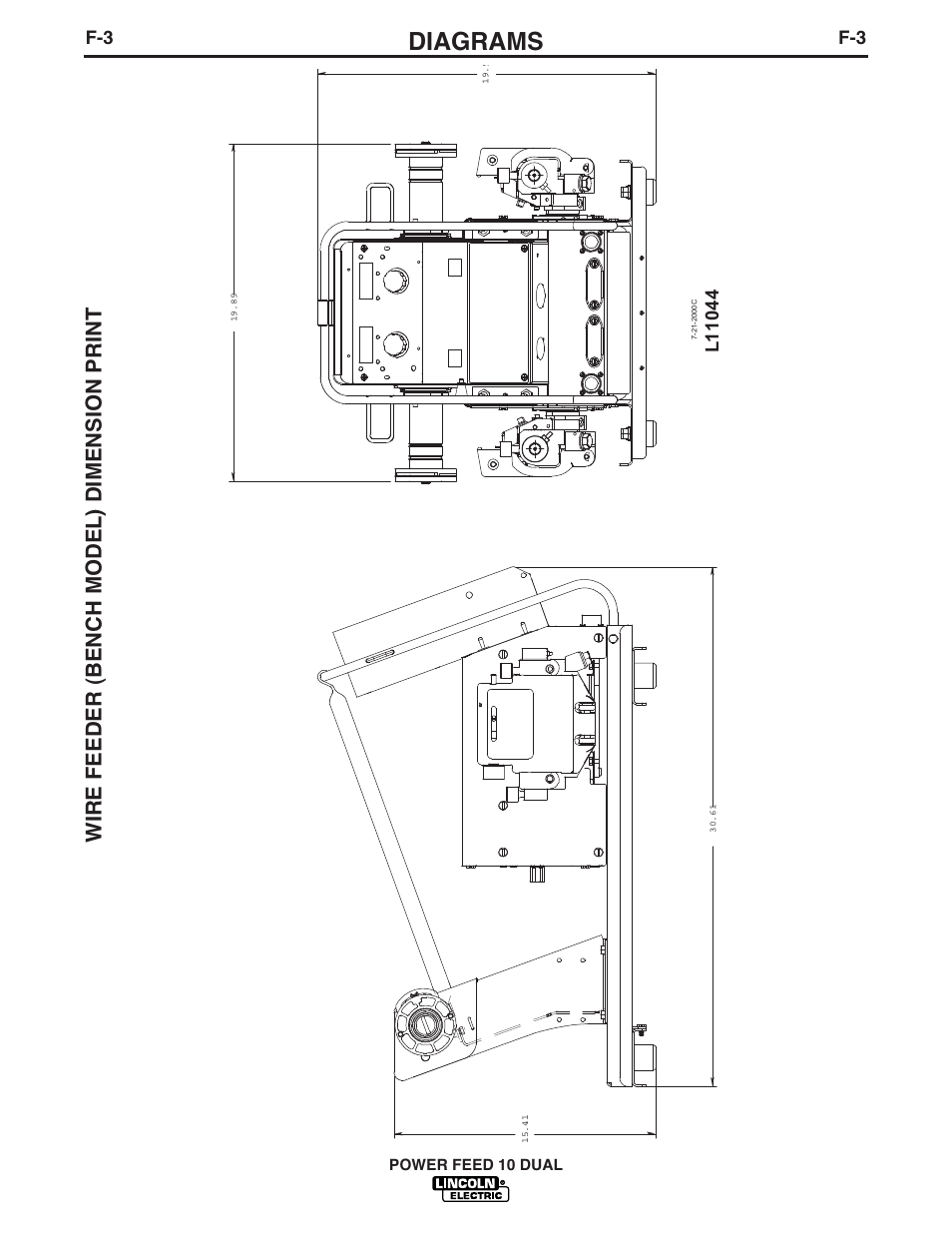 Diagrams, Wire feeder (bench model) dimension print, Power feed 10 dual | Lincoln Electric IM658 Power Feed 10 DualWire Drives & Control Boxes User Manual | Page 61 / 66