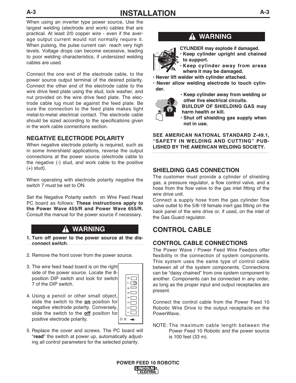 Installation, Control cable, Warning | Lincoln Electric IM772 K1780-2 Power Feed 10 Robotic User Manual | Page 10 / 28