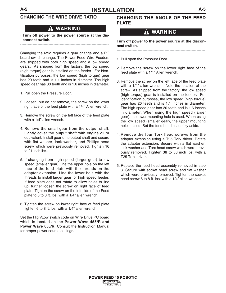 Installation, Warning | Lincoln Electric IM772 K1780-2 Power Feed 10 Robotic User Manual | Page 12 / 28