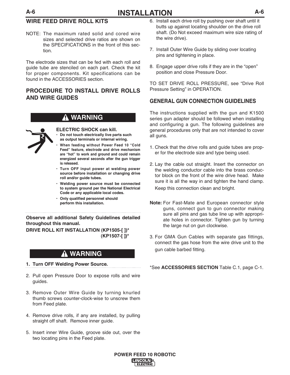 Installation, Warning | Lincoln Electric IM772 K1780-2 Power Feed 10 Robotic User Manual | Page 13 / 28