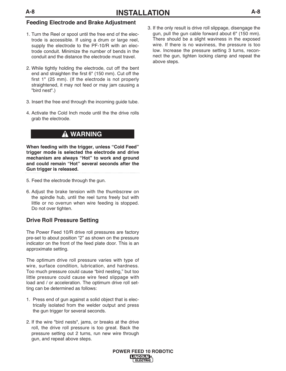 Installation, Warning | Lincoln Electric IM772 K1780-2 Power Feed 10 Robotic User Manual | Page 15 / 28