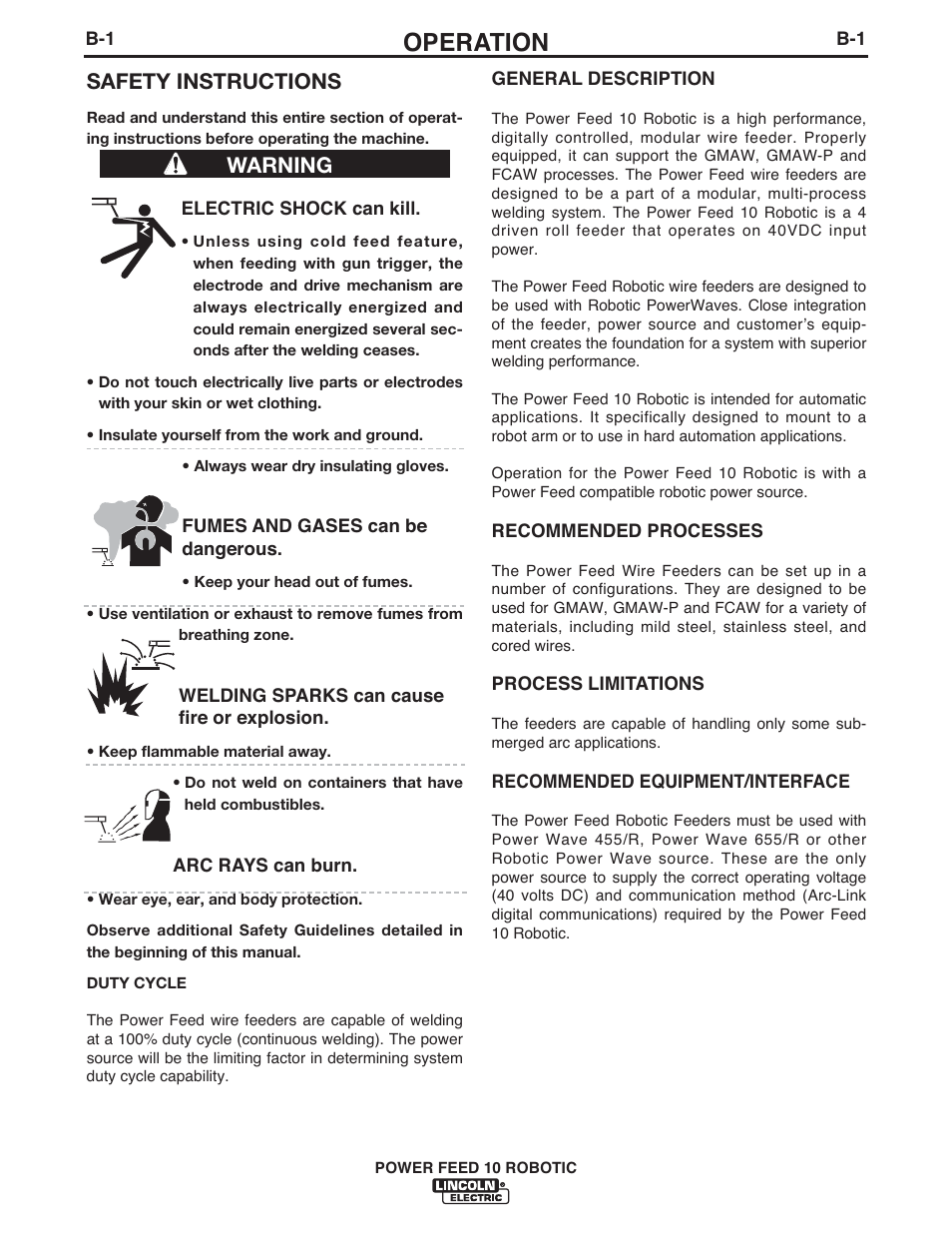 Operation, Safety instructions, Warning | Lincoln Electric IM772 K1780-2 Power Feed 10 Robotic User Manual | Page 16 / 28