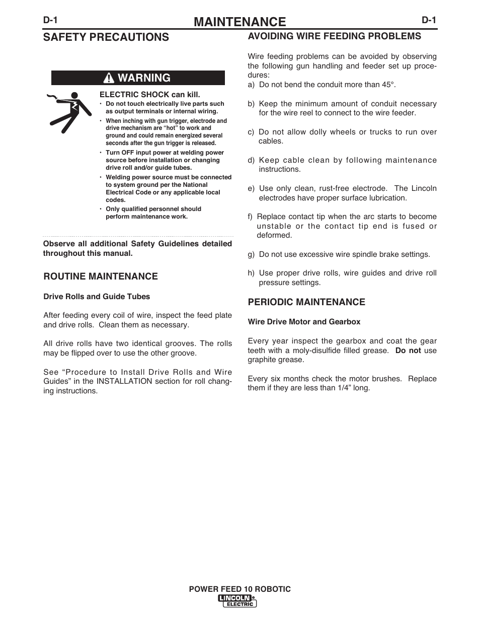 Maintenance, Safety precautions, Warning | Lincoln Electric IM772 K1780-2 Power Feed 10 Robotic User Manual | Page 18 / 28