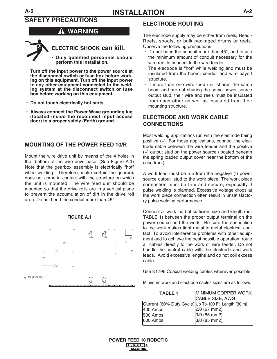 Installation, Safety precautions, Can kill | Warning | Lincoln Electric IM772 K1780-2 Power Feed 10 Robotic User Manual | Page 9 / 28