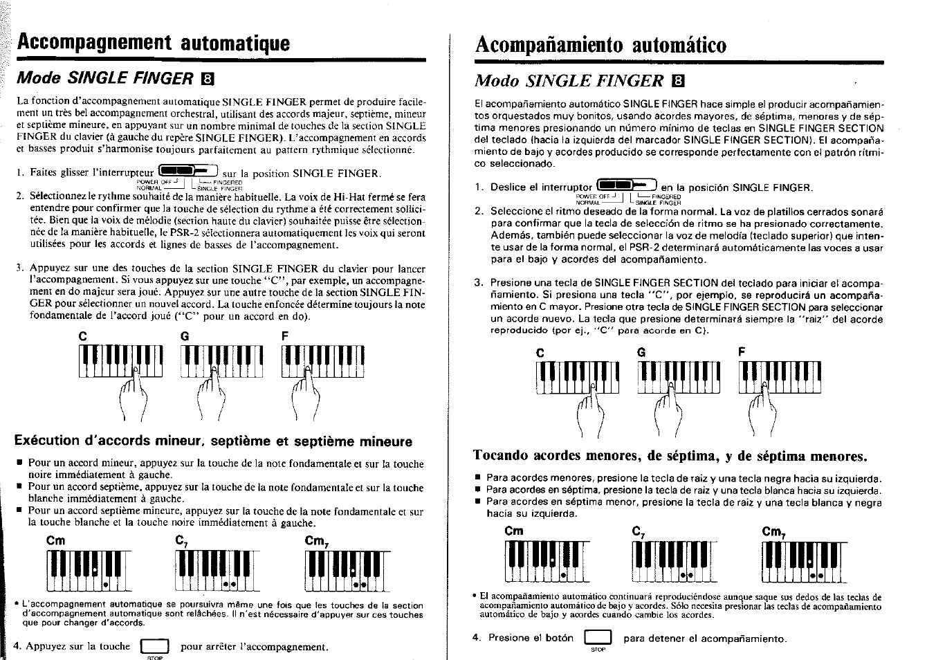 Accompagnement automatique, Mode single finger el, Acompañamiento automático | Modo single finger el, Modo single finger | Yamaha PSR-2 User Manual | Page 10 / 16