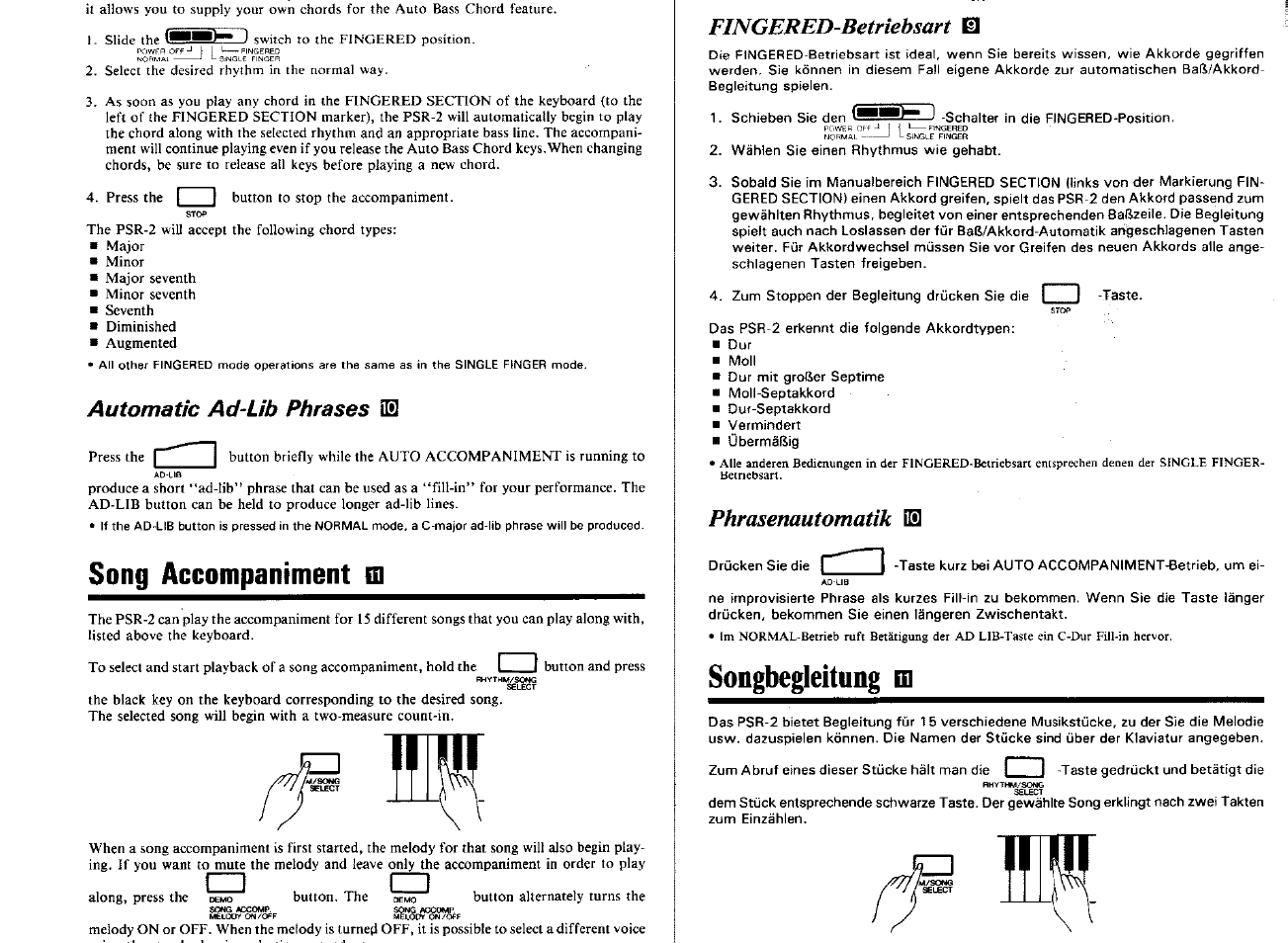 Automatic ad-lib phrases m, Song accompaniment m, 1 1 i 1 | Phrasenautomatik isl, Songbegleitung ni, 1____ i, Fingered-betriebsart 0, Phrasenautomatik | Yamaha PSR-2 User Manual | Page 11 / 16