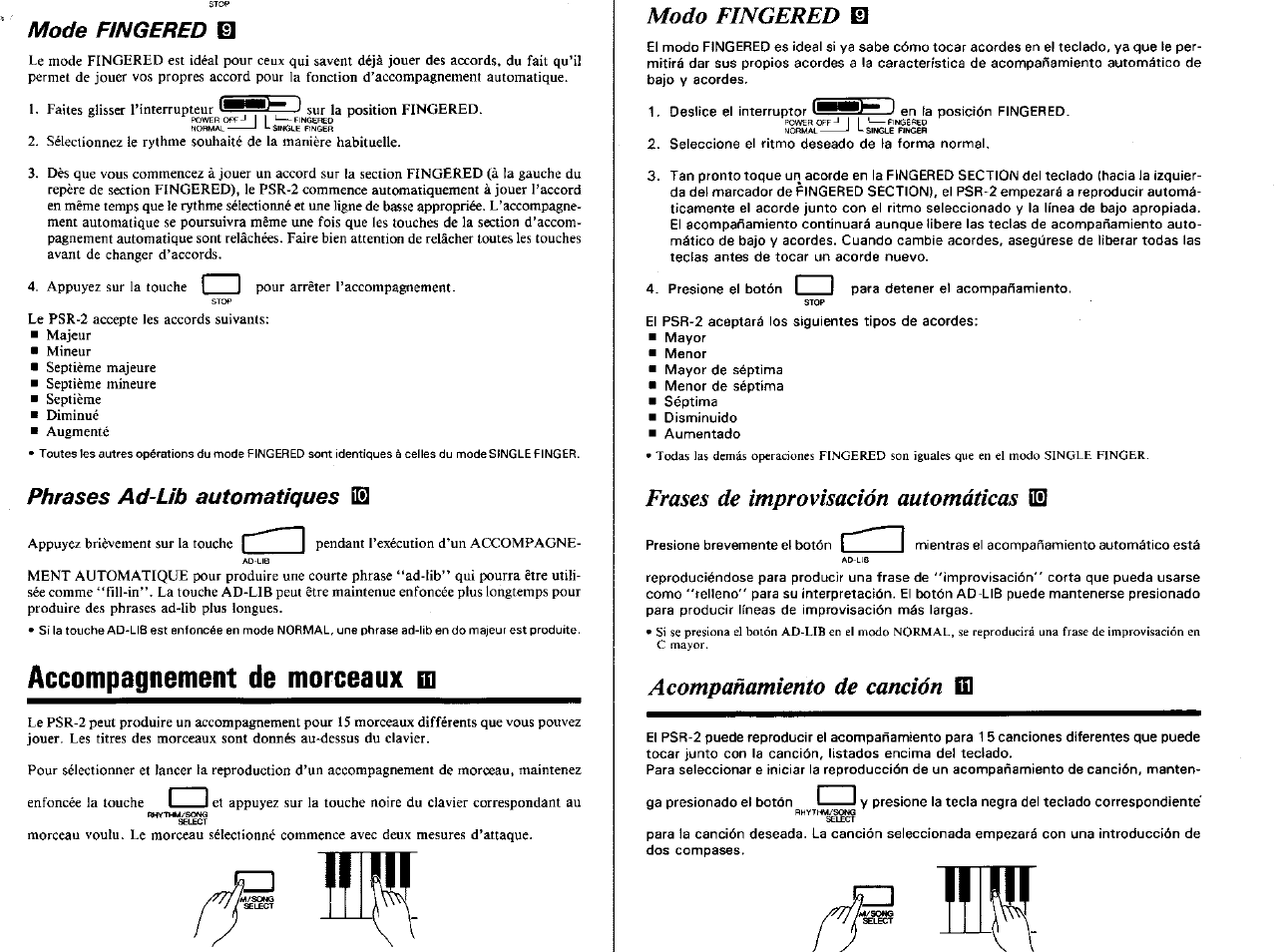 Mode fingered s, Accompagnement de morceaux m, Modo fingered s | Frases de improvisación automáticas [bi, Mode fingered, Phrases ad-lib automatiques | Yamaha PSR-2 User Manual | Page 12 / 16