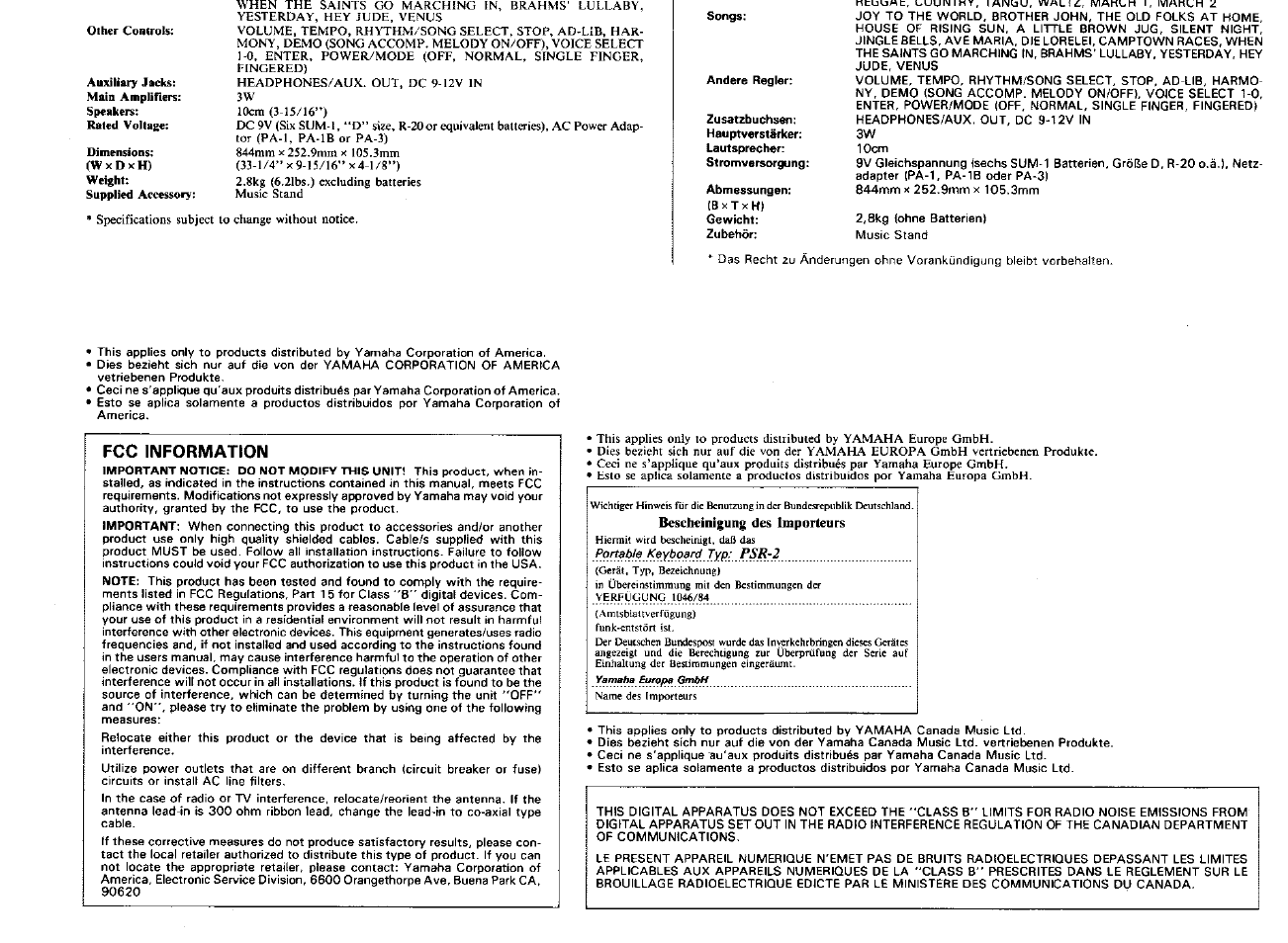 Yam aha europa grtah, Fcc information, Bescheinigung des importeurs | Yamaha PSR-2 User Manual | Page 15 / 16