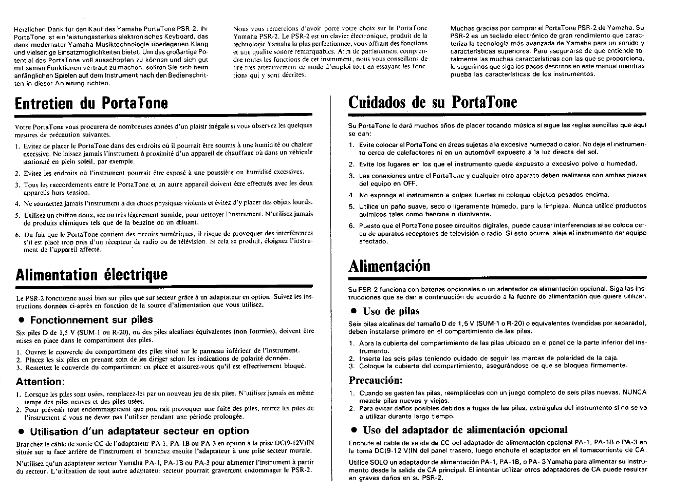 Entretien du portatone, Alimentation électrique, Cuidados de su portatone | Áumentación, Uso de pilas, Precaución, Uso del adaptador de alimentación opcional, Fonctionnement sur piles, Attention, Utilisation d'un adaptateur secteur en option | Yamaha PSR-2 User Manual | Page 2 / 16