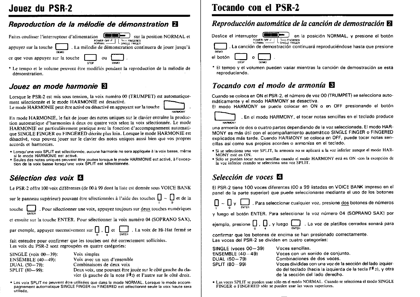 Reproduction de ia rtiélodie de démonstration b, Jouez en mode harmonie b, Séiection des voix | Tocando con el psr-2, Jouez du psr-2, Reproduction de ia rtiélodie de démonstration, Jouez en mode harmonie, G-dv, I___i, Tocando con el modo de armonía | Yamaha PSR-2 User Manual | Page 6 / 16