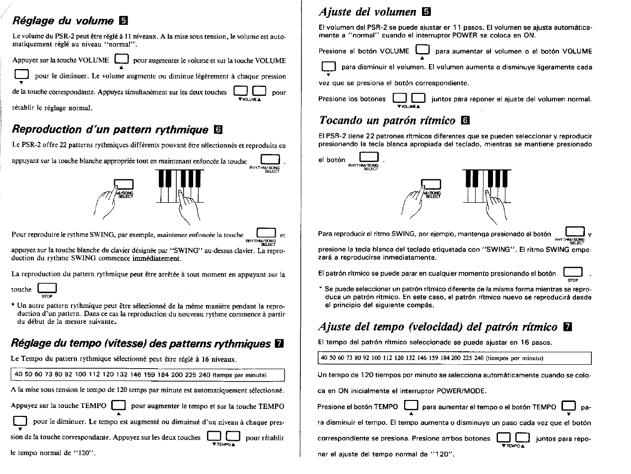 Régiage du volume b, Reproduction d'un pattern rythmique s, Ajuste del volumen 8 | Tocando un patrón rítmico 8, Ajuste del tempo (velocidad) del patrón rítmico 8, Régiage du volume, Reproduction d'un pattern rythmique, Réglage du tempo (vitesse) des patterns rythmiques | Yamaha PSR-2 User Manual | Page 8 / 16