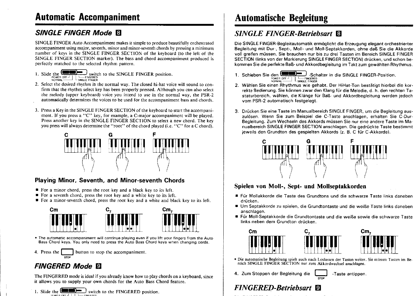 Automatic accompaniment, Single finger mode, Playing minor, seventh, and minor-seventh chords | Fingered mode el, Automatische begleitung, Single finger-betriebsart q, Spielen von moll-, sept- und mollseptakkorden, Fingered-betriebsart el | Yamaha PSR-2 User Manual | Page 9 / 16