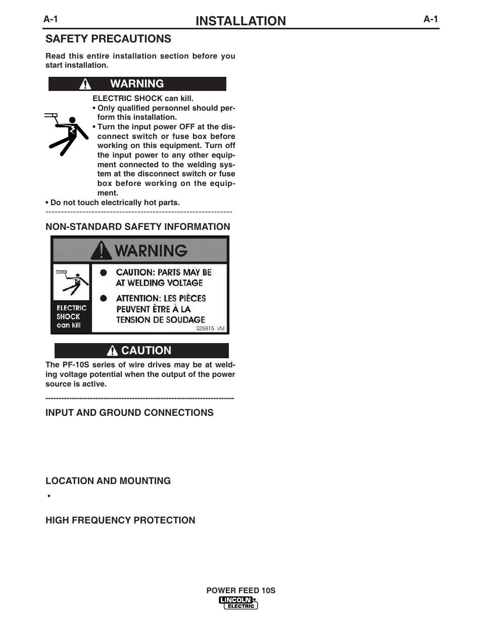 Installation, Safety precautions, Warning caution | Lincoln Electric IM850 POWER FEED 10S User Manual | Page 11 / 26