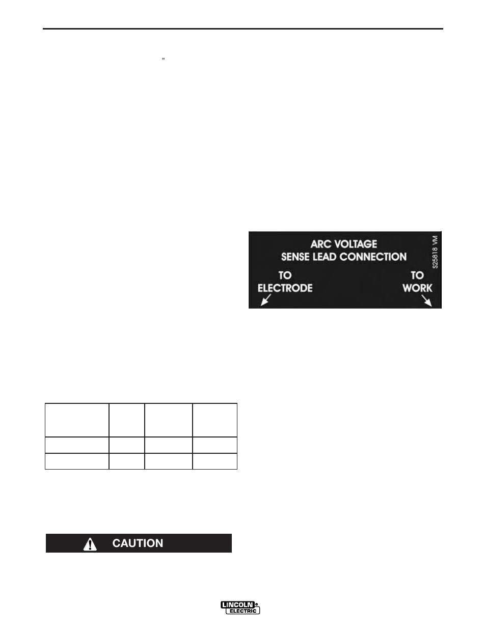 Installation, Electrode and work connections, Caution | Remote sense lead specifications | Lincoln Electric IM850 POWER FEED 10S User Manual | Page 14 / 26