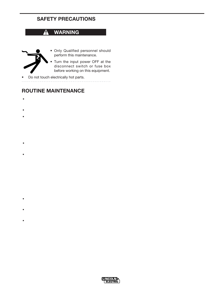 Maintenance, Safety precautions, Routine maintenance | Periodic maintenance, Calibration specification, Warning | Lincoln Electric IM850 POWER FEED 10S User Manual | Page 18 / 26