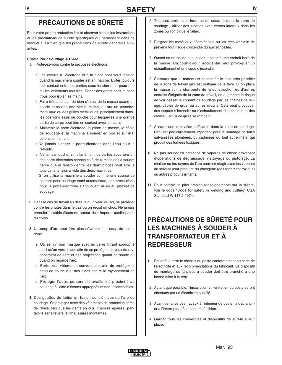 Safety, Précautions de sûreté | Lincoln Electric IM850 POWER FEED 10S User Manual | Page 5 / 26