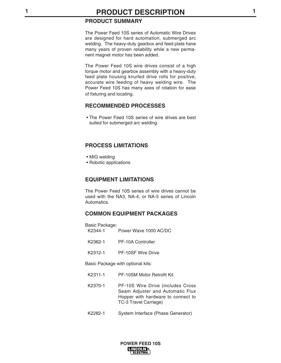 Product description | Lincoln Electric IM850 POWER FEED 10S User Manual | Page 8 / 26