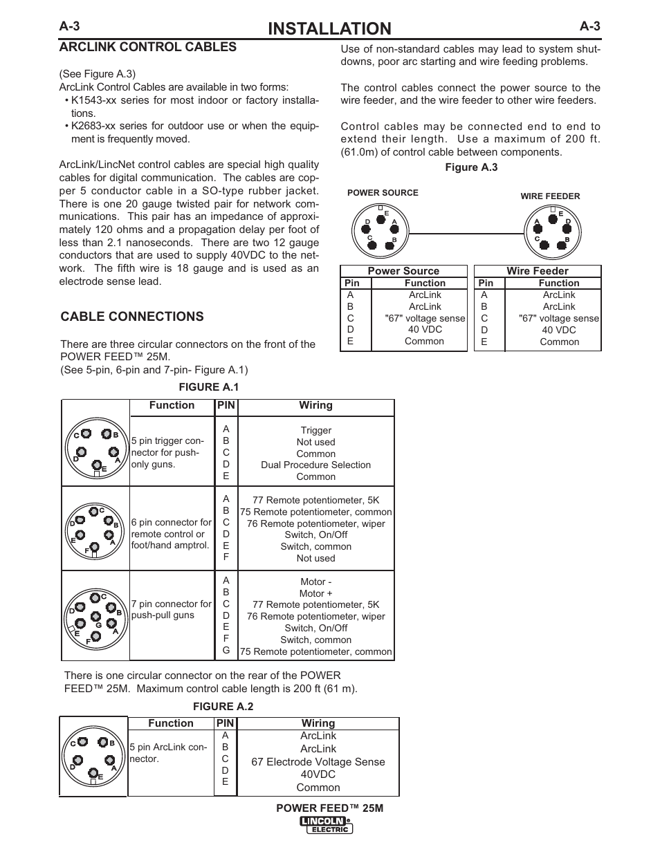 Installation, Cable connections, Arclink control cables | Lincoln Electric IM892 POWER FEED 25M User Manual | Page 10 / 83