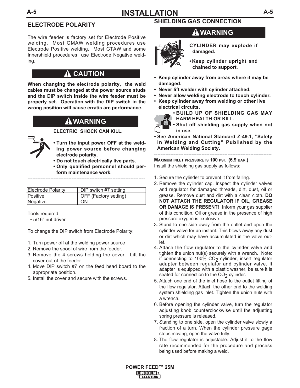 Installation, Warning, Caution warning | Lincoln Electric IM892 POWER FEED 25M User Manual | Page 12 / 83