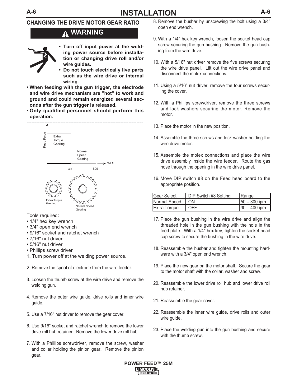 Installation, Warning | Lincoln Electric IM892 POWER FEED 25M User Manual | Page 13 / 83