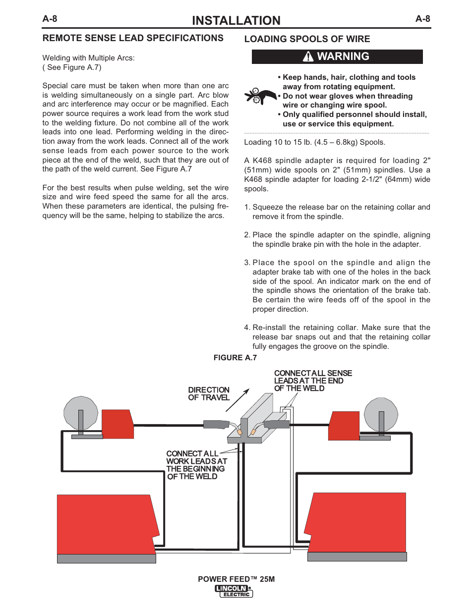 Installation, Warning | Lincoln Electric IM892 POWER FEED 25M User Manual | Page 15 / 83