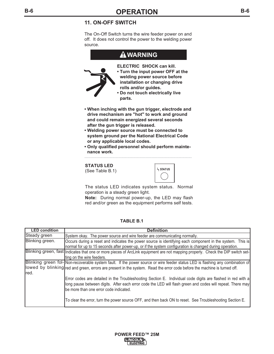 Operation, Warning | Lincoln Electric IM892 POWER FEED 25M User Manual | Page 22 / 83