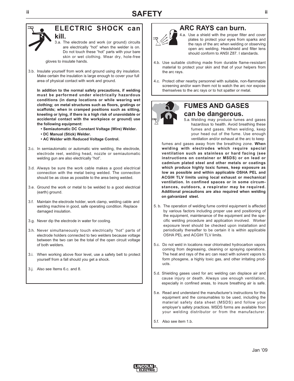 Safety, Arc rays can burn, Electric shock can kill | Fumes and gases can be dangerous | Lincoln Electric IM892 POWER FEED 25M User Manual | Page 3 / 83