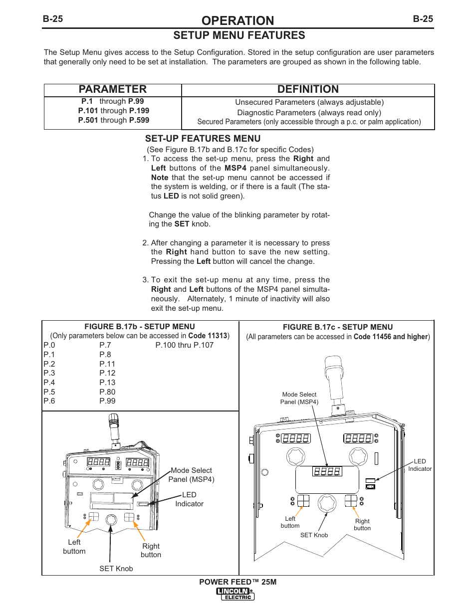 Operation, Setup menu features parameter, Definition | Lincoln Electric IM892 POWER FEED 25M User Manual | Page 41 / 83