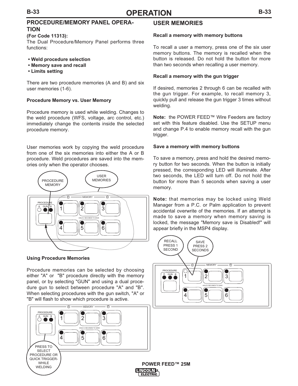 Operation, B-33 | Lincoln Electric IM892 POWER FEED 25M User Manual | Page 49 / 83