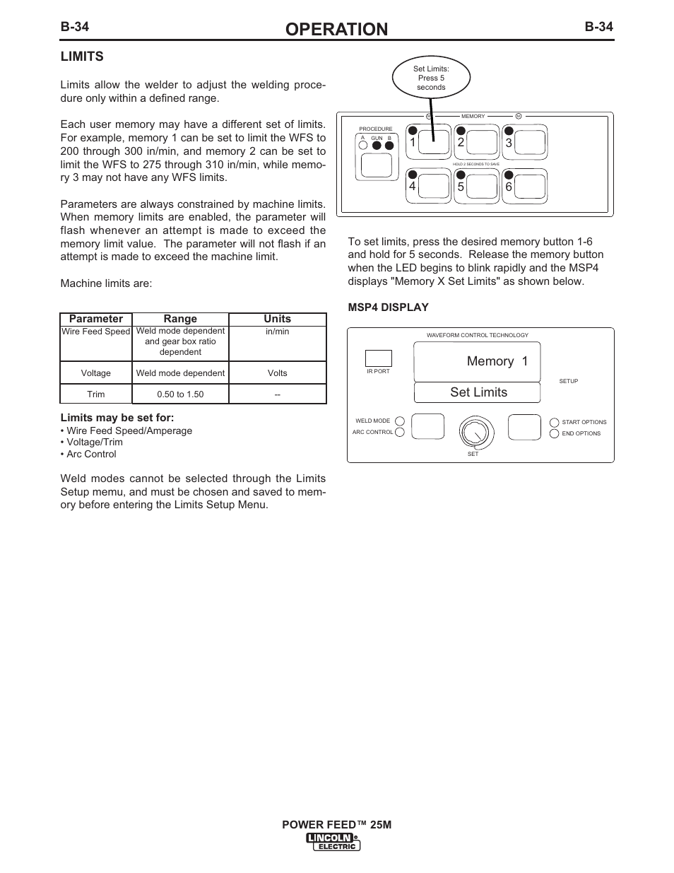 Operation, B-34, B-34 limits | Lincoln Electric IM892 POWER FEED 25M User Manual | Page 50 / 83