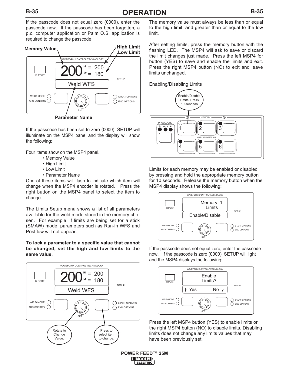 Operation, B-35, Yes no enable limits | Lincoln Electric IM892 POWER FEED 25M User Manual | Page 51 / 83