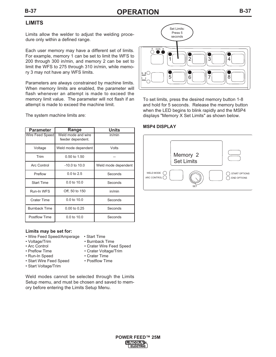 Operation, B-37, Limits | Lincoln Electric IM892 POWER FEED 25M User Manual | Page 53 / 83