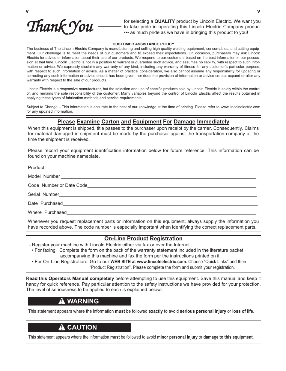 Warning, Caution | Lincoln Electric IM892 POWER FEED 25M User Manual | Page 6 / 83