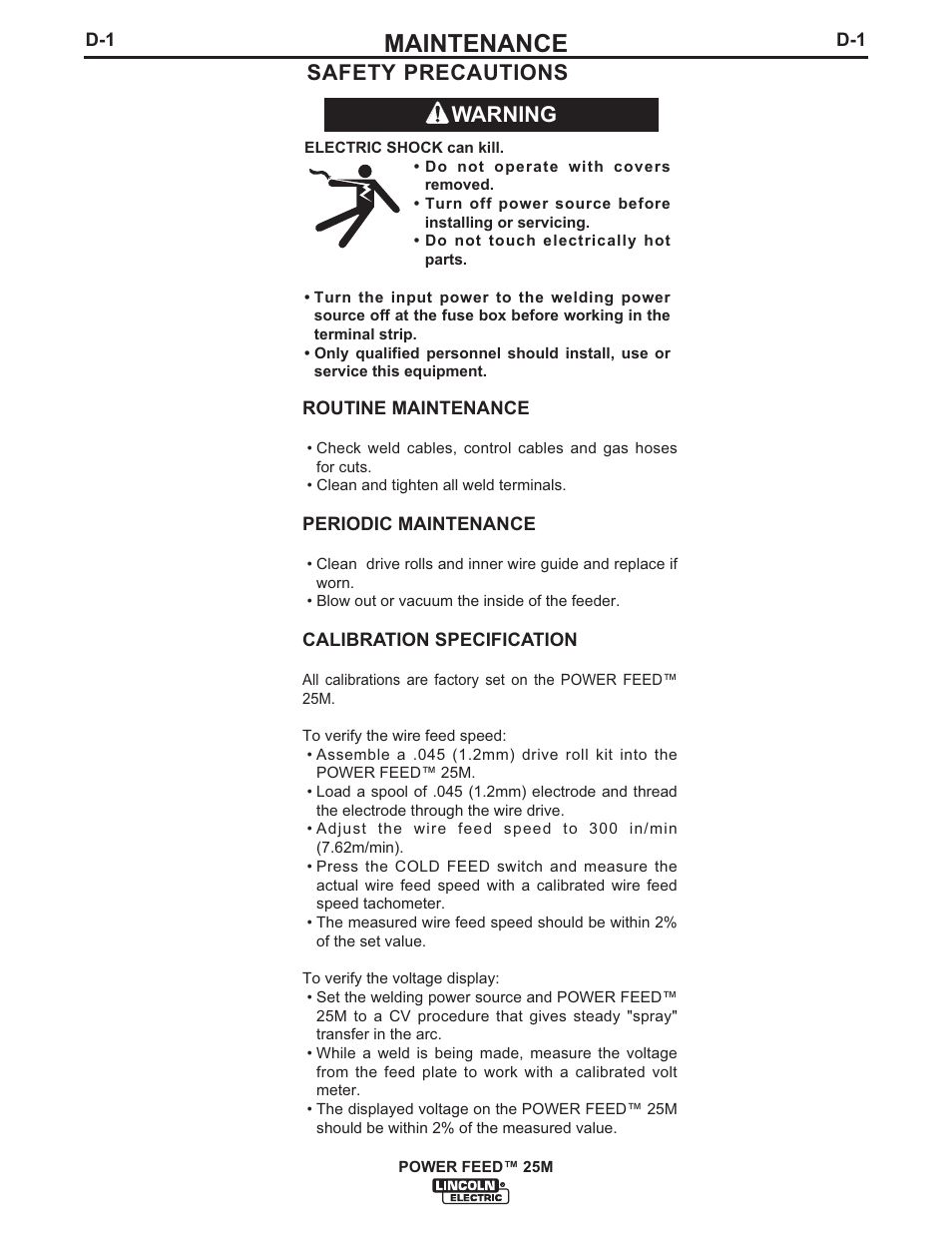 Maintenance, Warning safety precautions | Lincoln Electric IM892 POWER FEED 25M User Manual | Page 72 / 83