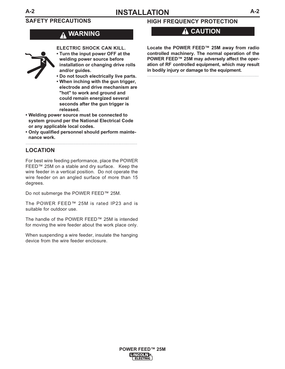 Installation, Warning caution | Lincoln Electric IM892 POWER FEED 25M User Manual | Page 9 / 83