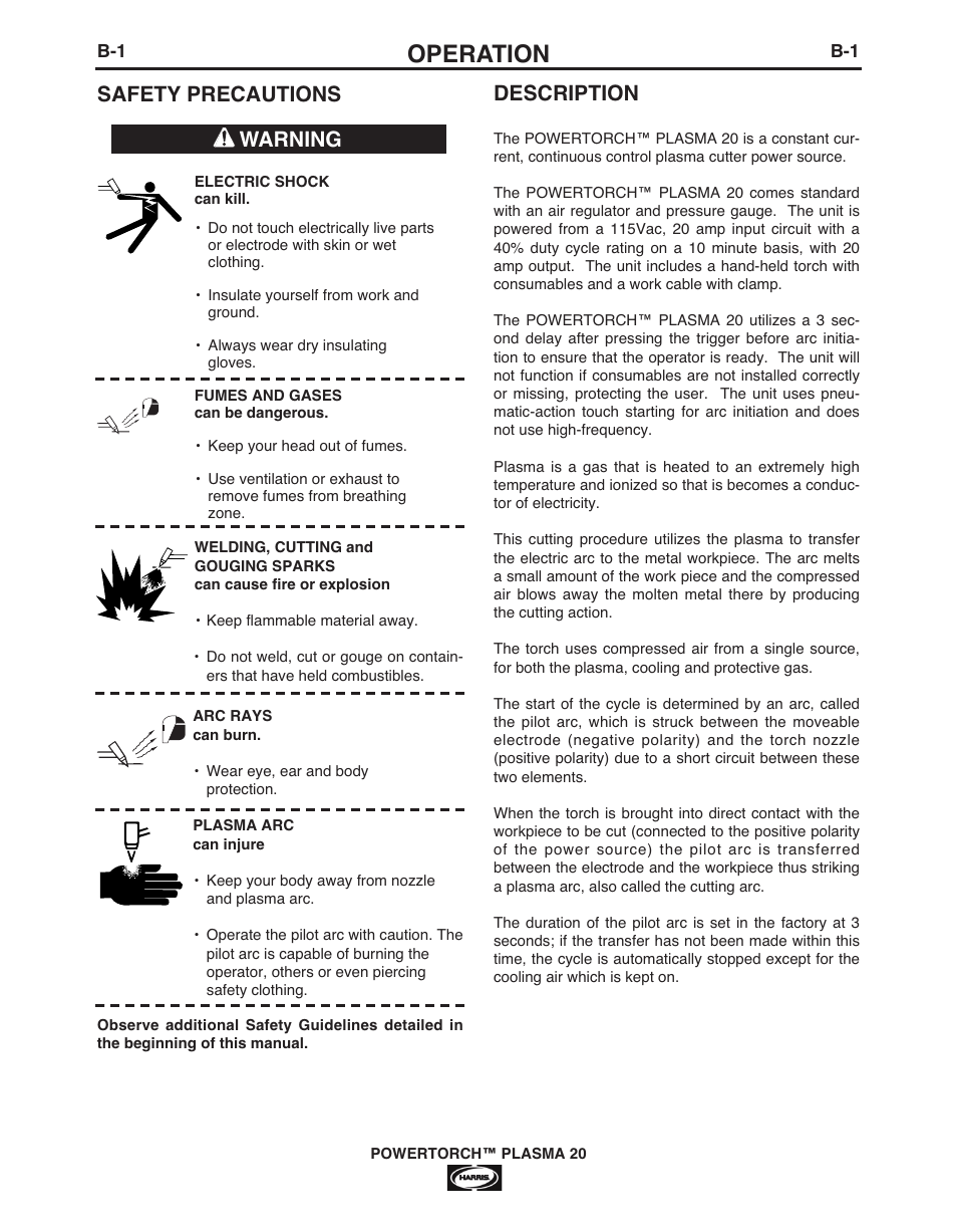 Operation, Safety precautions description, Warning | Lincoln Electric IM944 POWERTORCH PLASMA 20 User Manual | Page 10 / 24