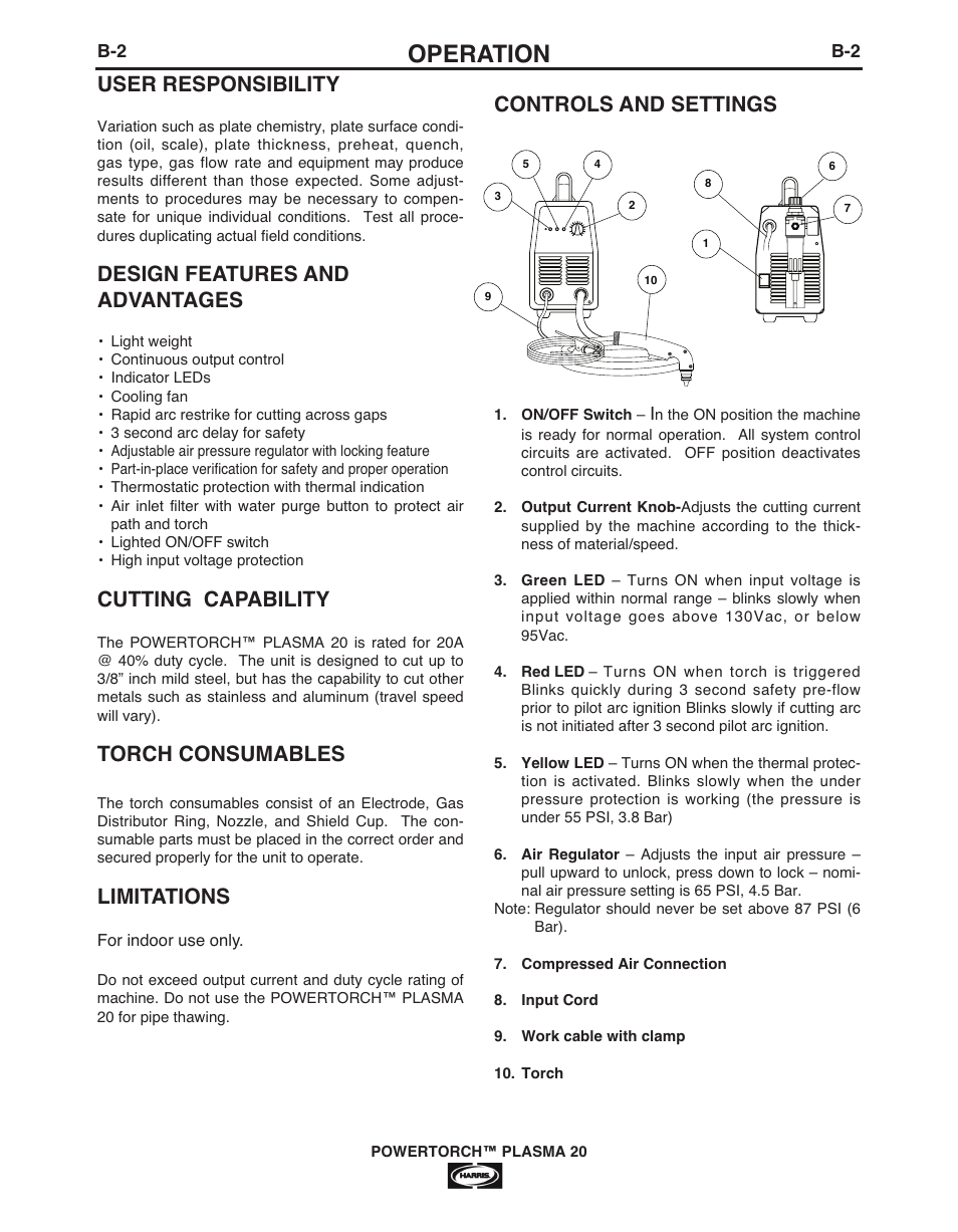 Operation, Controls and settings, User responsibility | Design features and advantages, Cutting capability, Torch consumables, Limitations | Lincoln Electric IM944 POWERTORCH PLASMA 20 User Manual | Page 11 / 24