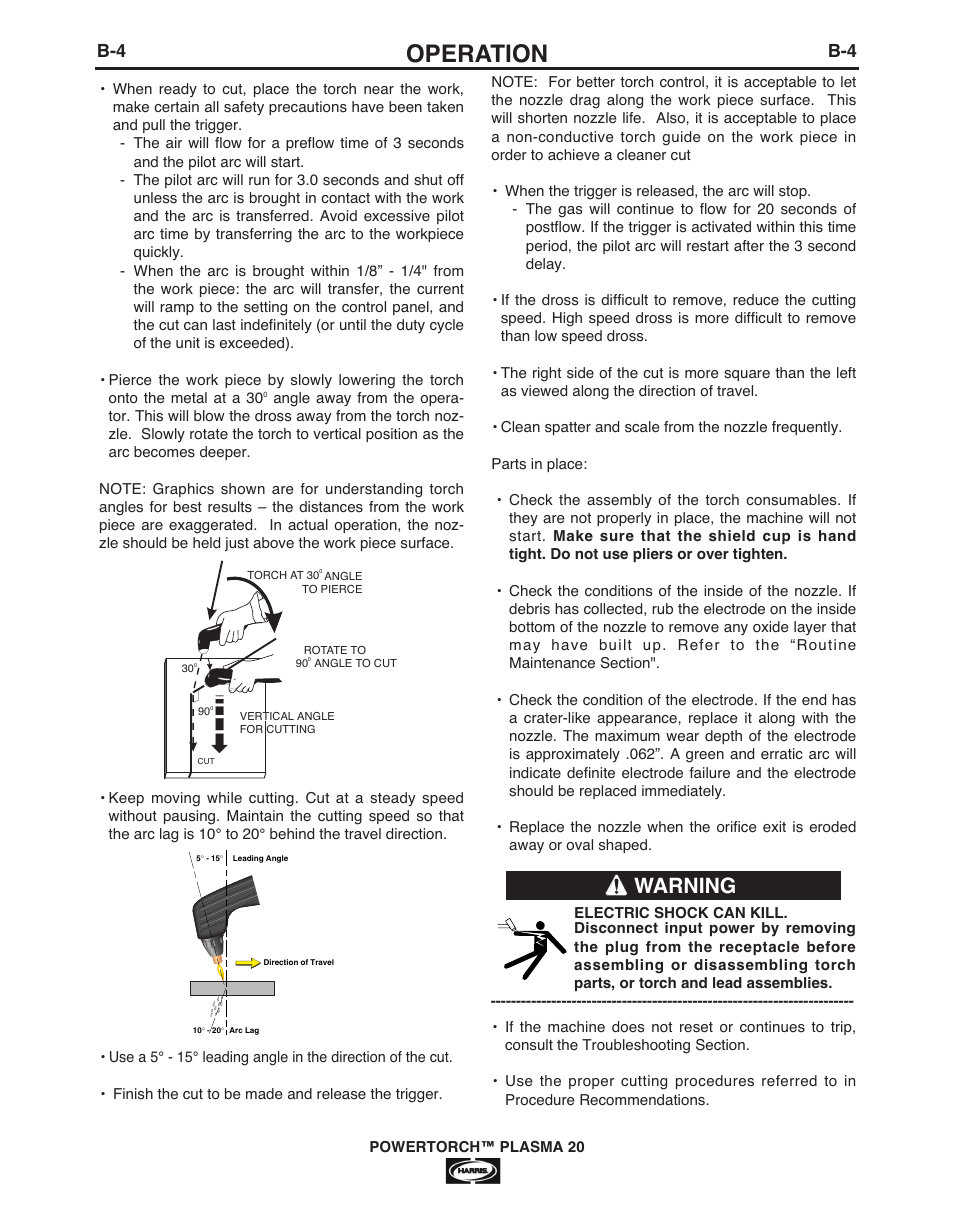 Operation, Warning | Lincoln Electric IM944 POWERTORCH PLASMA 20 User Manual | Page 13 / 24