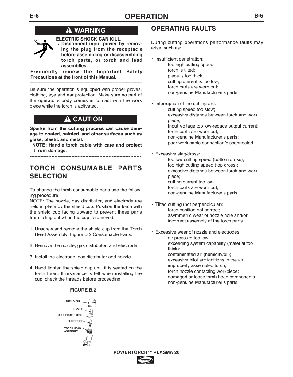 Operation, Torch consumable parts selection, Operating faults | Warning caution | Lincoln Electric IM944 POWERTORCH PLASMA 20 User Manual | Page 15 / 24